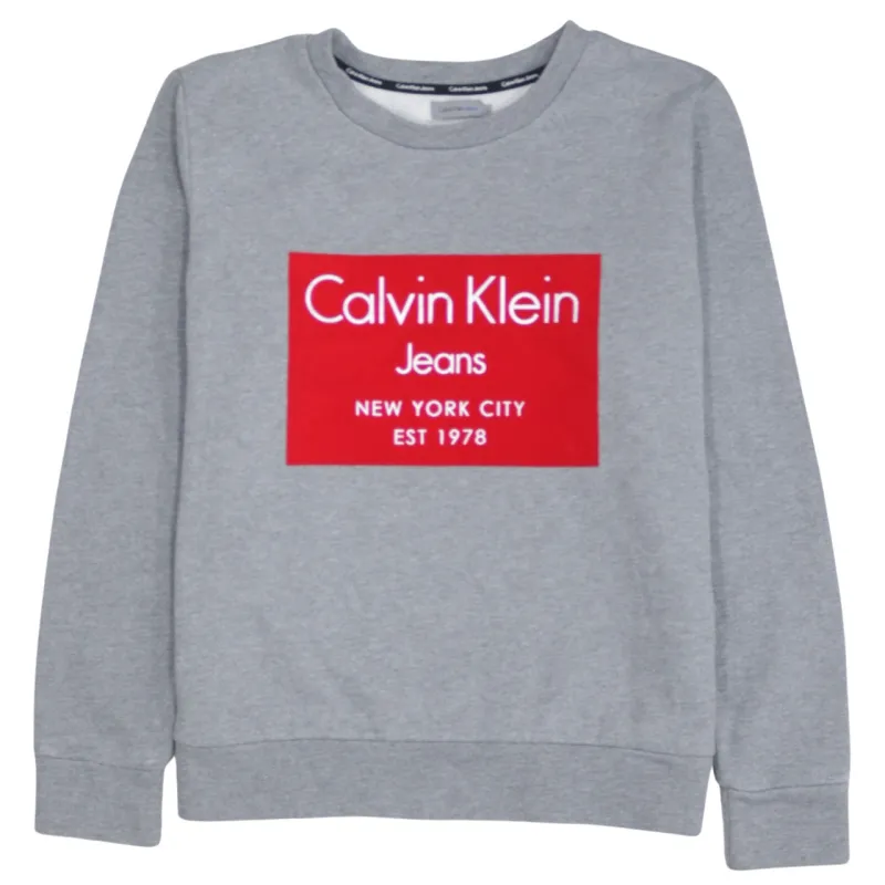 Calvin Klein Grey Sweatshirt Women's Large Red Box Printed Logo Crewneck Pullover Top made by Calvin Klein
