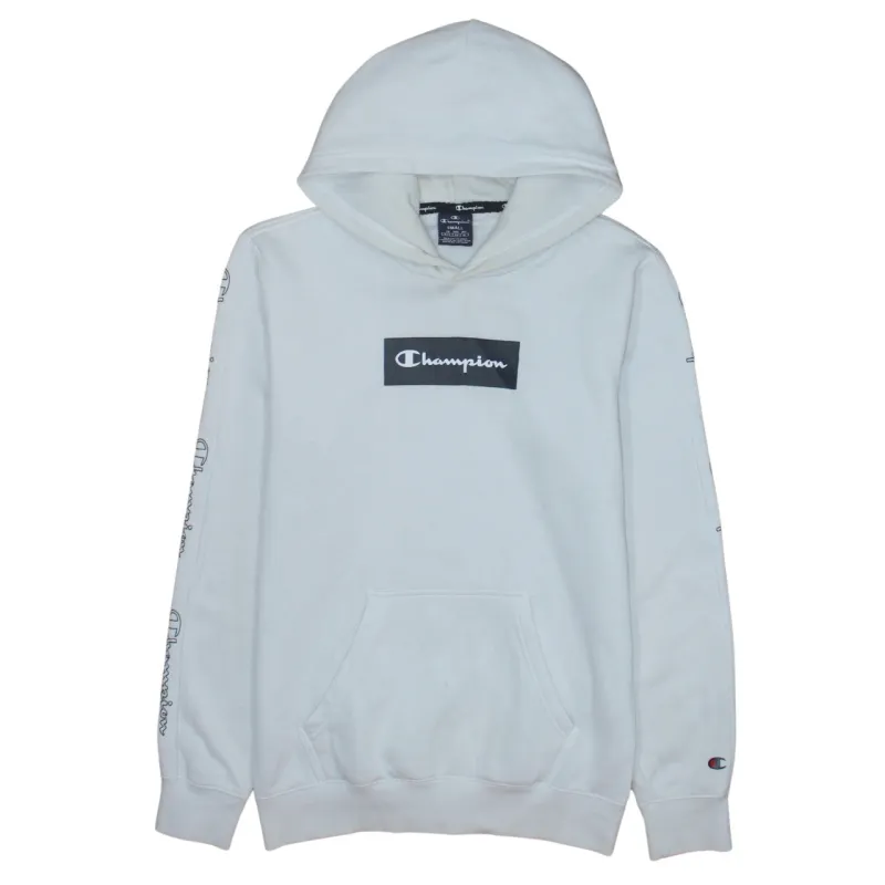 Champion White Hoodie Men's Small Box Logo Sleeve Print Embroidered Chest Pullover Sweatshirt sold by Vintage Club