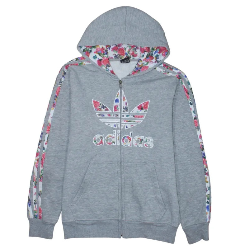 Adidas Grey Full Zip Hoodie Women’s XLarge Floral Trefoil Logo Three Stripe Sleeves Sweatshirt sold by Vintage Club