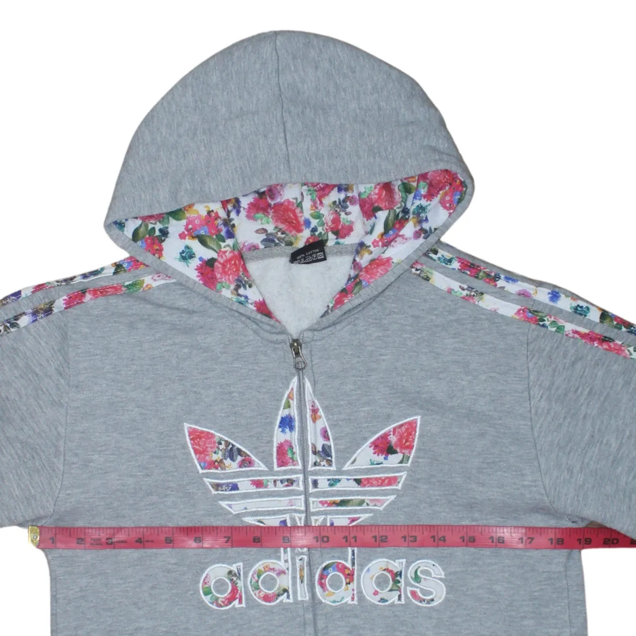 Adidas Grey Full Zip Hoodie Women’s XLarge Floral Trefoil Logo Three Stripe Sleeves Sweatshirt sold by Vintage Club product image thumbnail 5