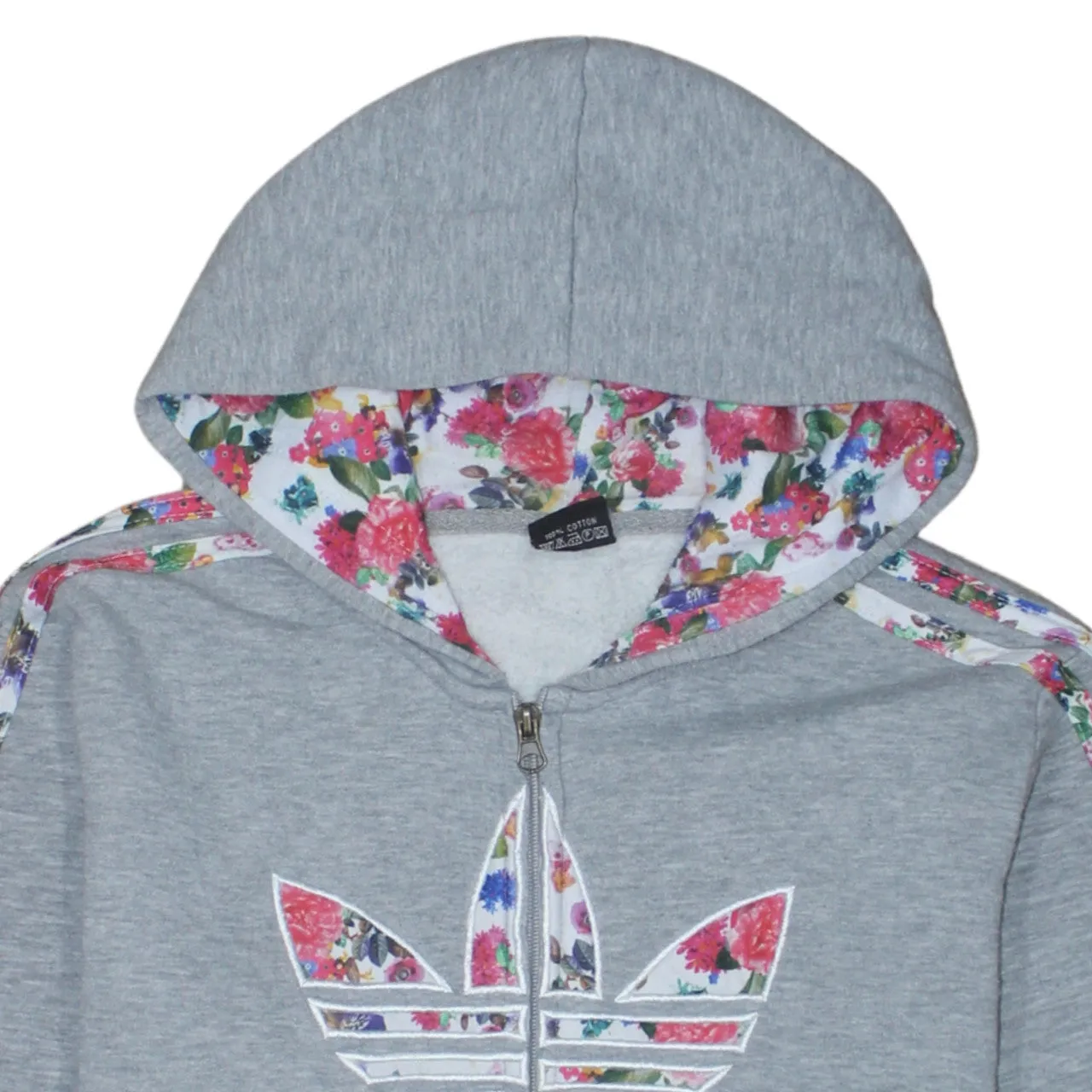 Adidas Grey Full Zip Hoodie Women’s XLarge Floral Trefoil Logo Three Stripe Sleeves Sweatshirt sold by Vintage Club product image thumbnail 3