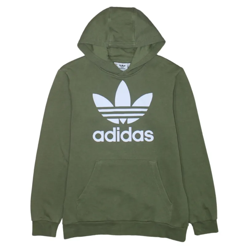 Adidas Olive Green Hoodie Women’s Medium Printed Trefoil Logo Front Pocket Pullover Sweatshirt made by Adidas