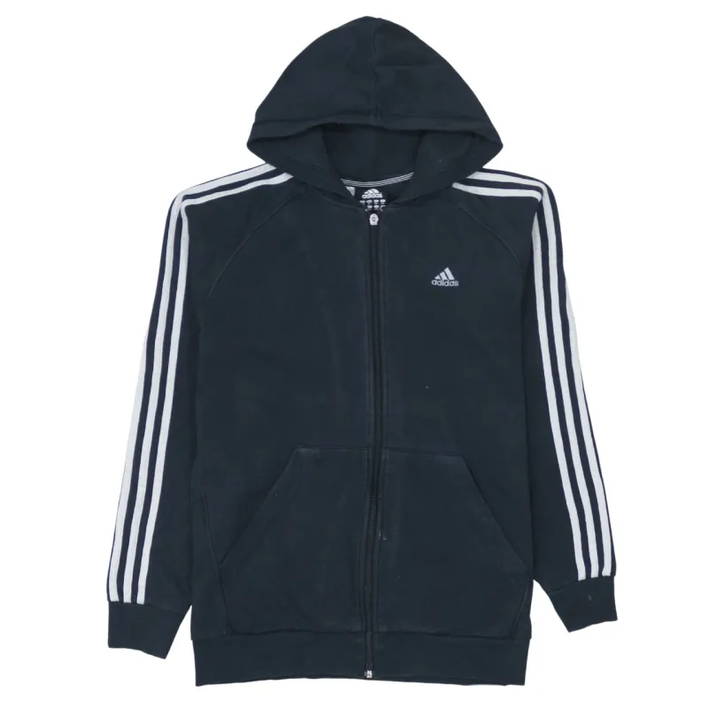 Adidas Black Zip Hoodie Women’s XLarge Three Stripe Sleeves Embroidered Logo Sweatshirt sold by Vintage Club