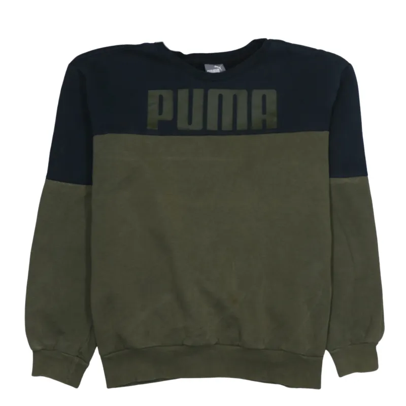 Puma Khaki Green Sweatshirt Men's Medium Printed Logo Colour Block Crewneck Pullover Top made by Puma