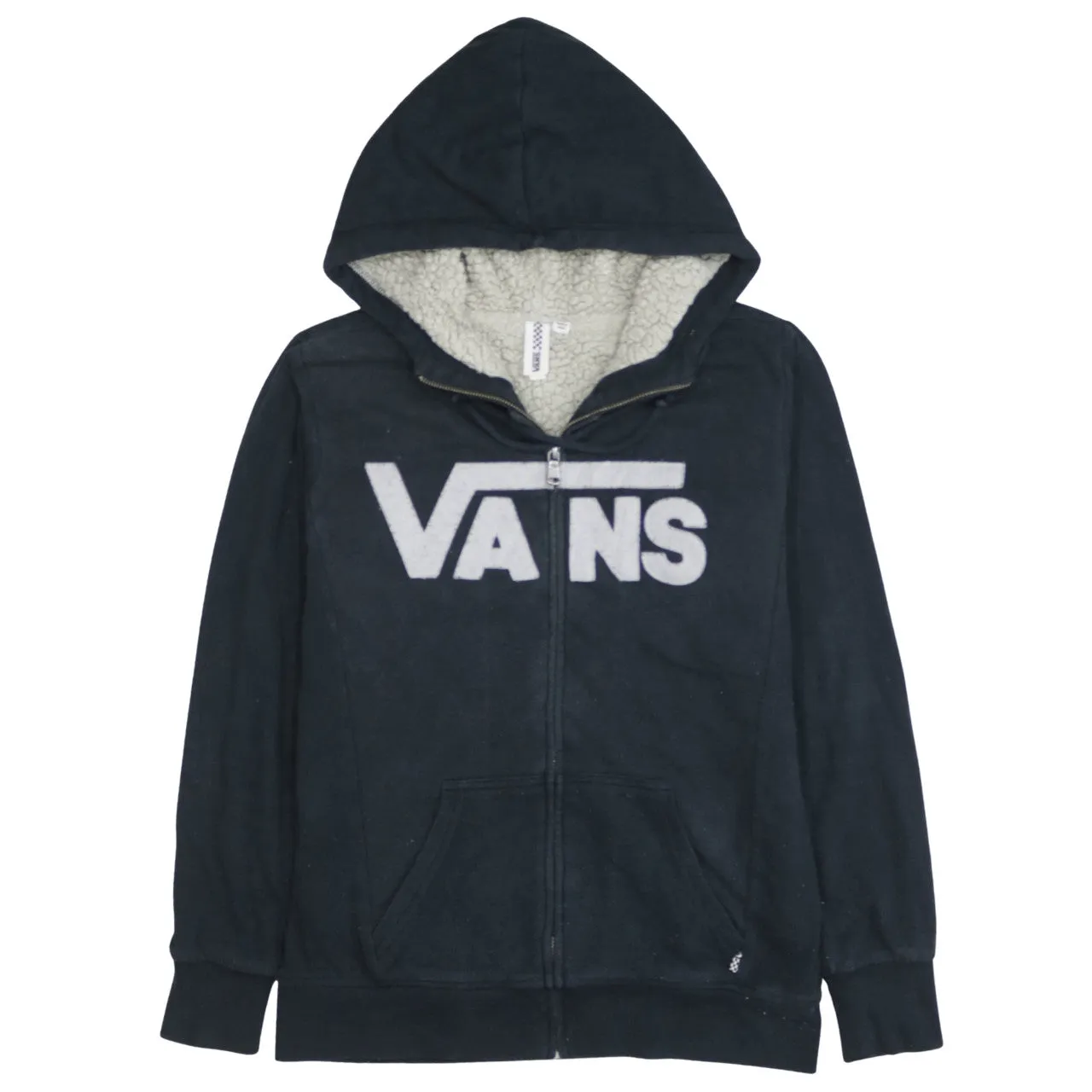 Vans Black Full Zip Hoodie Men's XSmall Sherpa Lined Big Logo Fleece Sweatshirt sold by Vintage Club