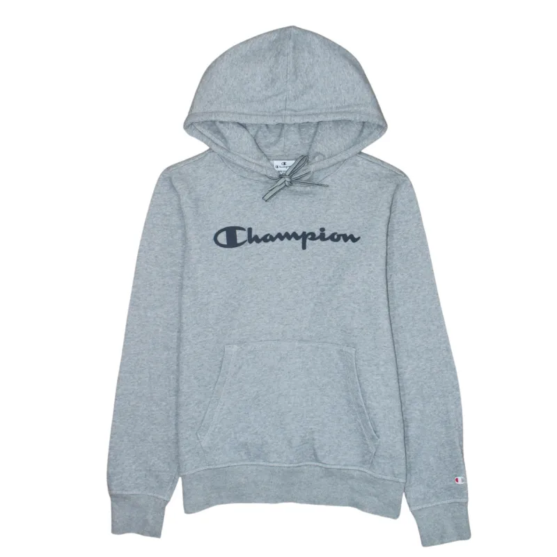 Champion Grey Hoodie Women's Medium Printed Script Logo Front Pocket Fleece Sweatshirt made by Champion