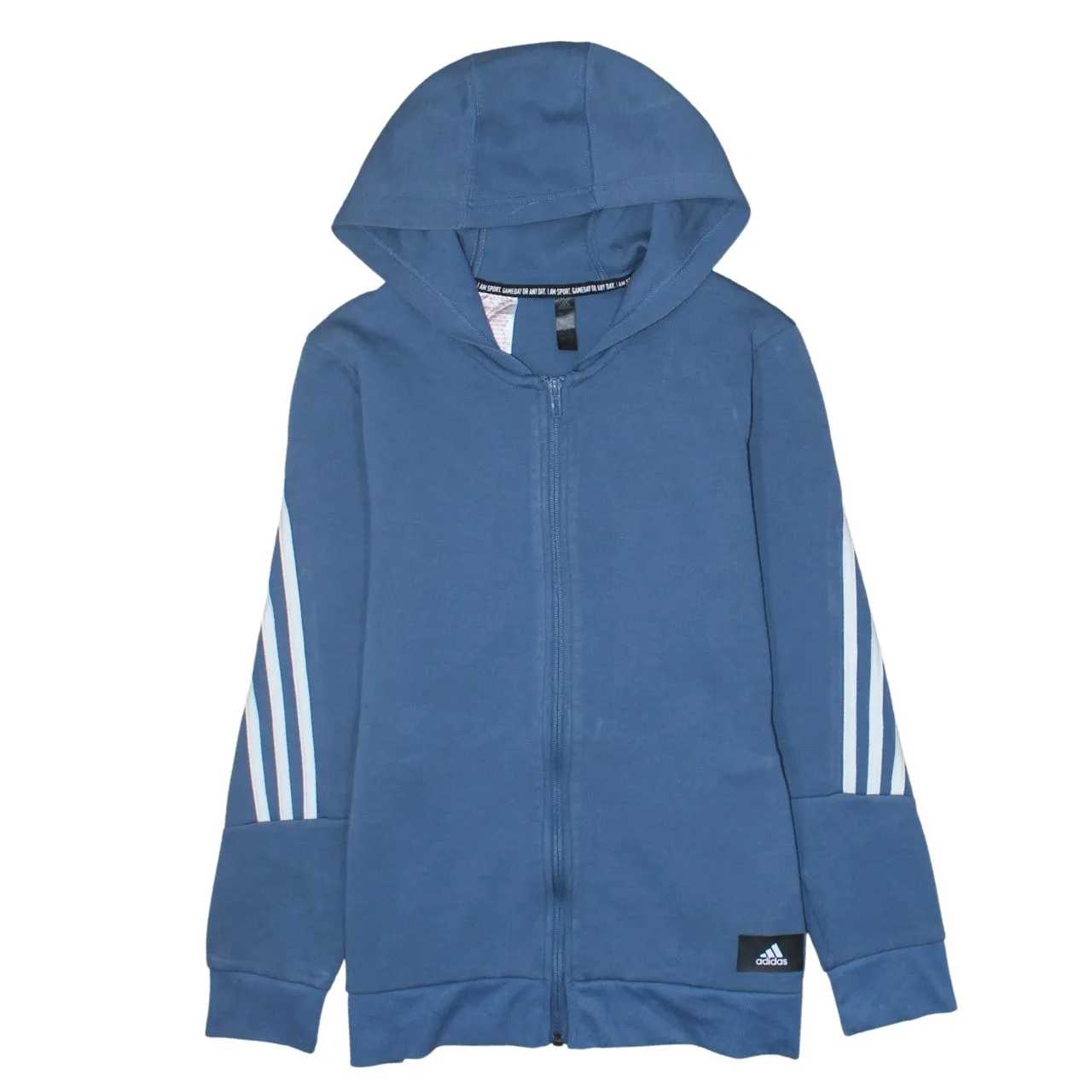 Adidas Blue Full Zip Hoodie Women’s Large Three Stripe Sleeves Logo Patch Sweatshirt sold by Vintage Club