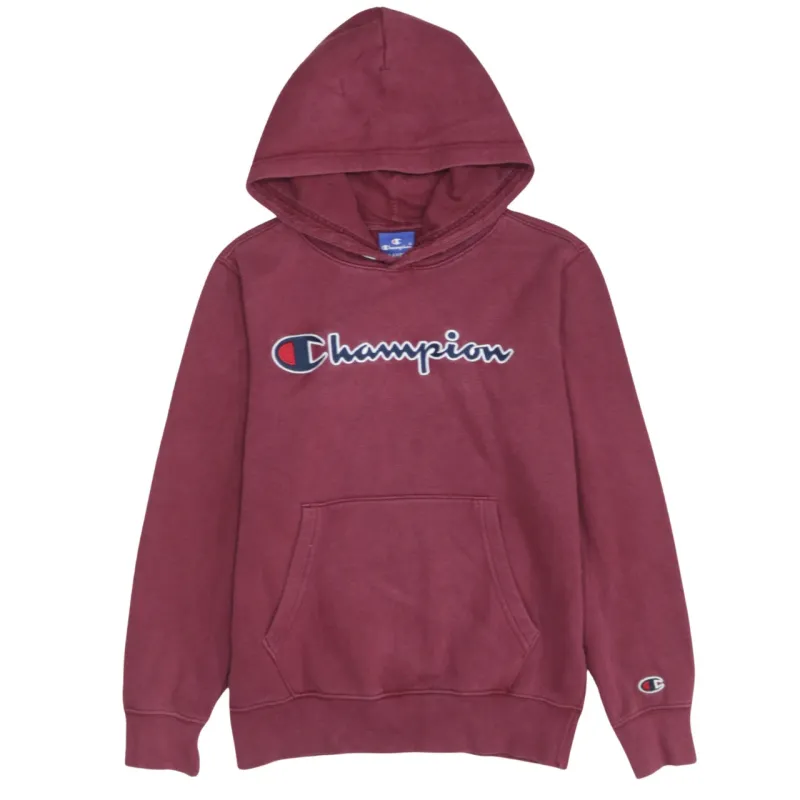 Champion Burgundy Red Hoodie Women's Large Printed Script Logo Front Pocket Pullover Sweatshirt sold by Vintage Club