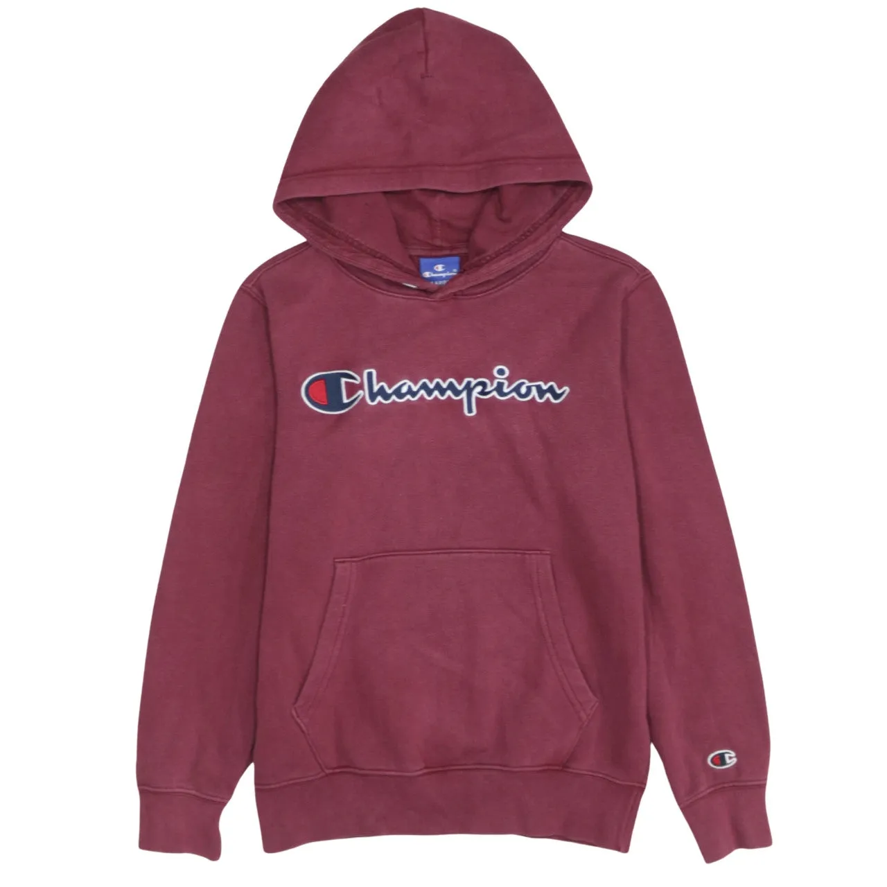 Champion Burgundy Red Hoodie Women's Large Printed Script Logo Front Pocket Pullover Sweatshirt sold by Vintage Club