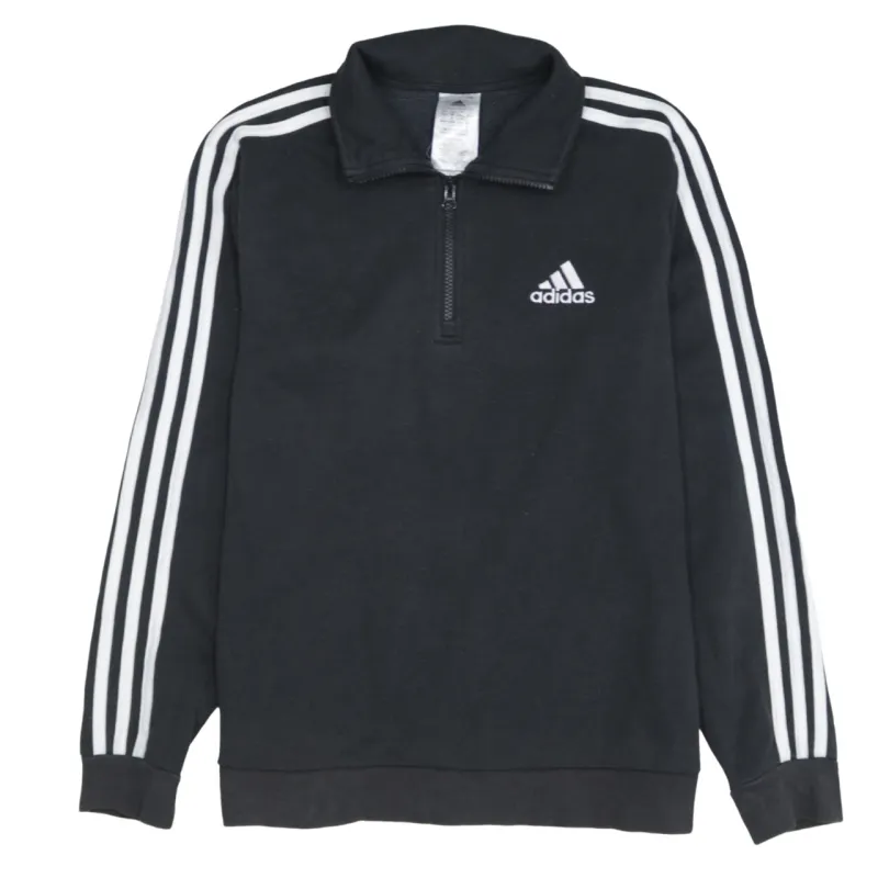 Adidas Black Quarter Zip Sweatshirt Women’s Medium Three Stripe Sleeves Embroidered Logo Pullover Fleece Top sold by Vintage Club