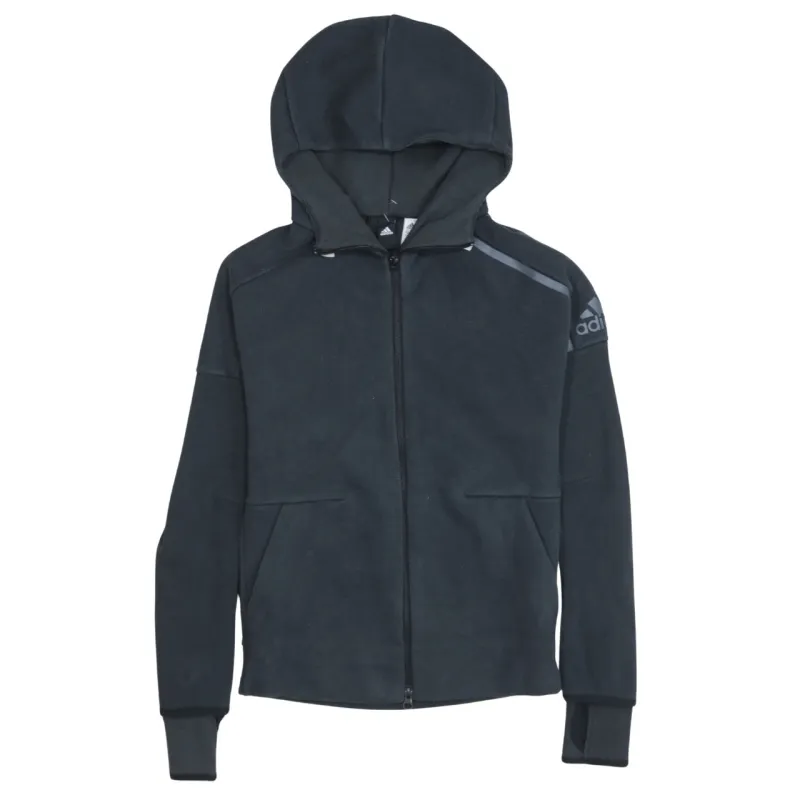 Adidas Black Full Zip Hoodie Women’s XSmall Printed Sleeve Logo Sport Patch Sweatshirt sold by Vintage Club