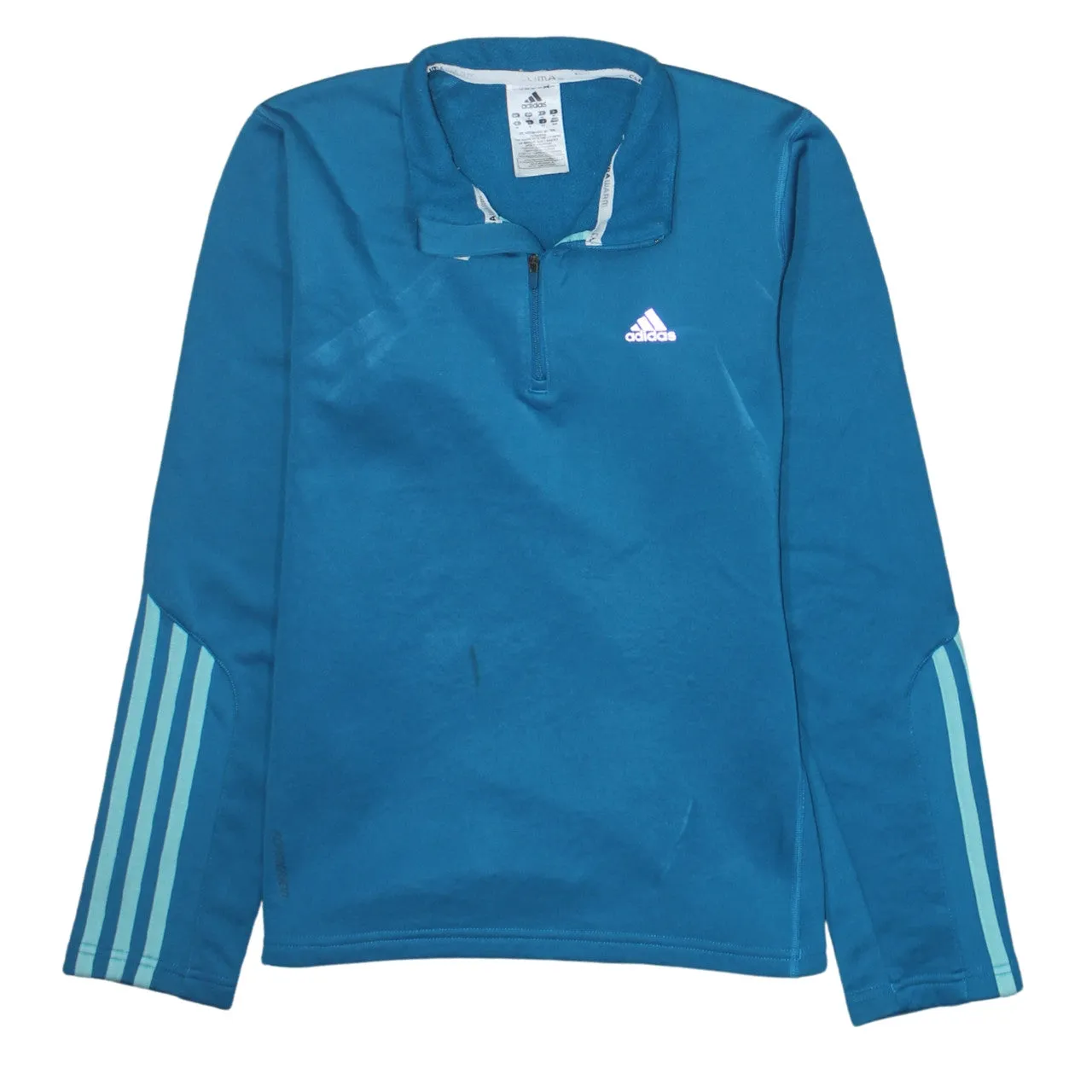 Adidas Turquoise Blue Sweatshirt Women’s Medium Embroidered Logo Quarter Zip Three Stripe Top sold by Vintage Club