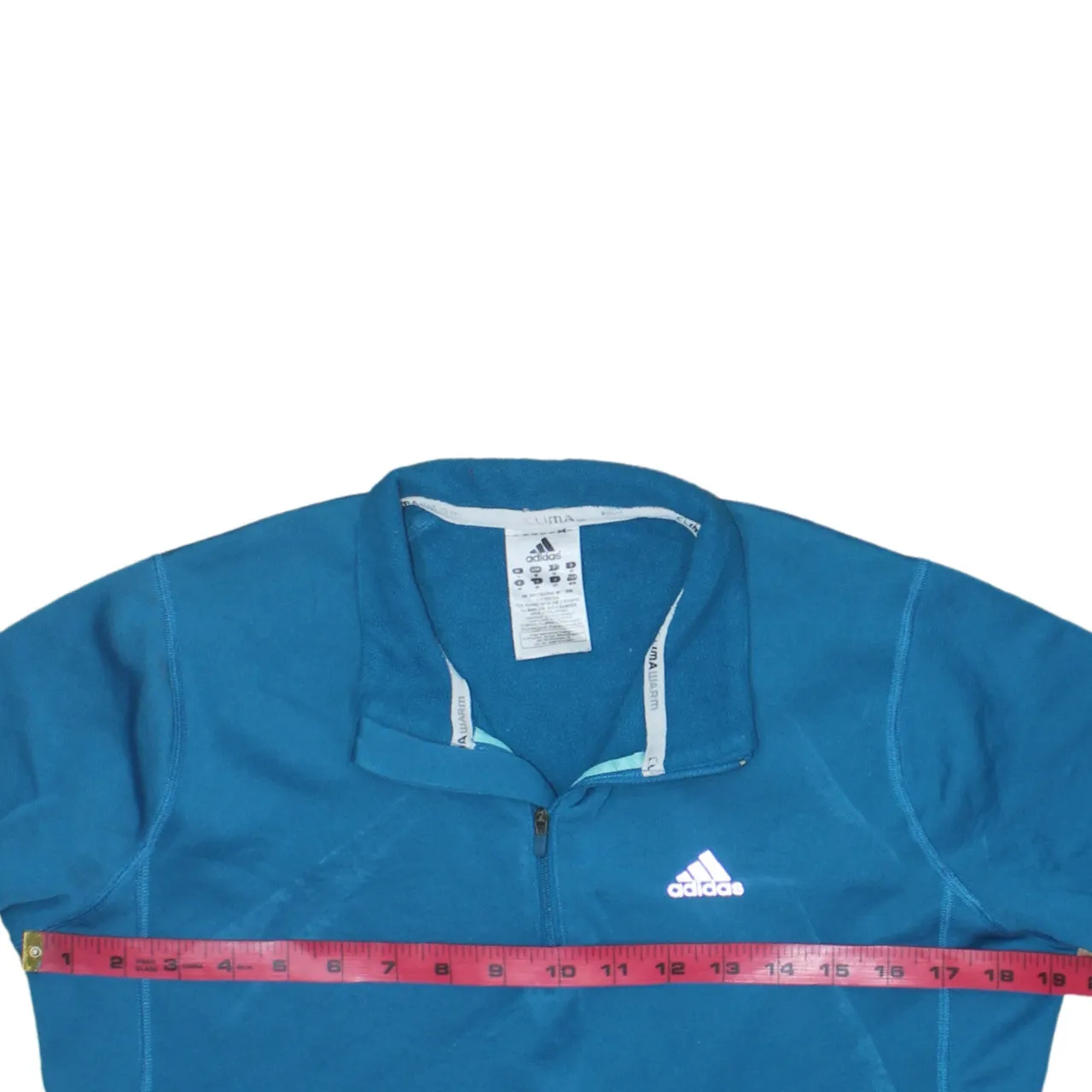 Adidas Turquoise Blue Sweatshirt Women’s Medium Embroidered Logo Quarter Zip Three Stripe Top sold by Vintage Club product image thumbnail 5