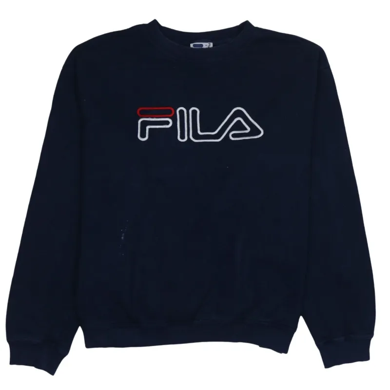Fila Navy Blue Sweatshirt Men's XLarge Embroidered Logo Crewneck Ribbed Cuffs Pullover Top sold by Vintage Club
