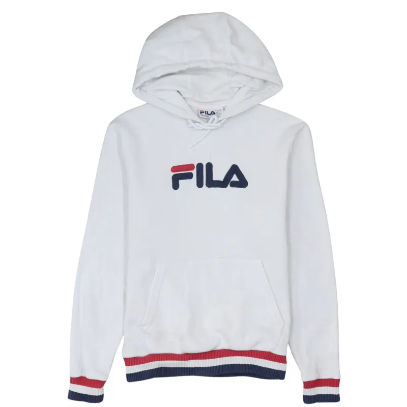 Fila White Hoodie Men's Small Embroidered Logo Striped Rib Cuffs Hem Pullover Sweatshirt sold by Vintage Club