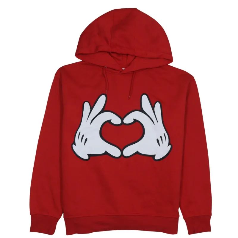 Disney Red Hoodie Women’s Medium Printed Mickey Hands Heart Graphic Pullover Sweatshirt sold by Vintage Club