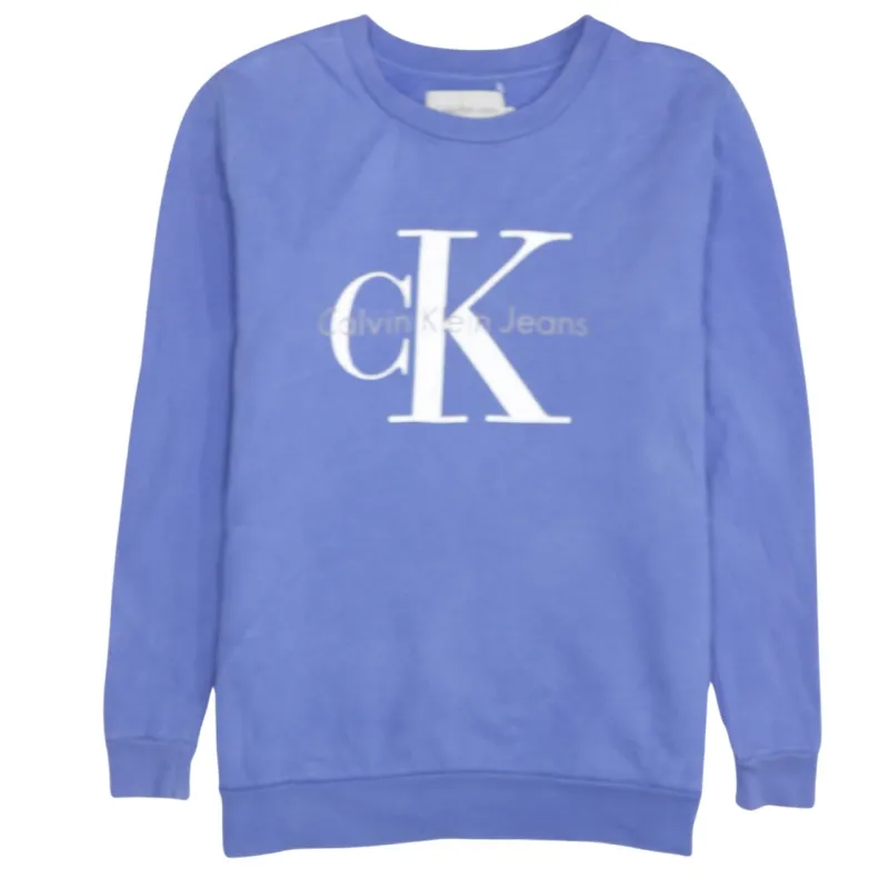 Calvin Klein Blue Sweatshirt Women's Medium Printed CK Logo Crewneck Pullover Top made by Calvin Klein