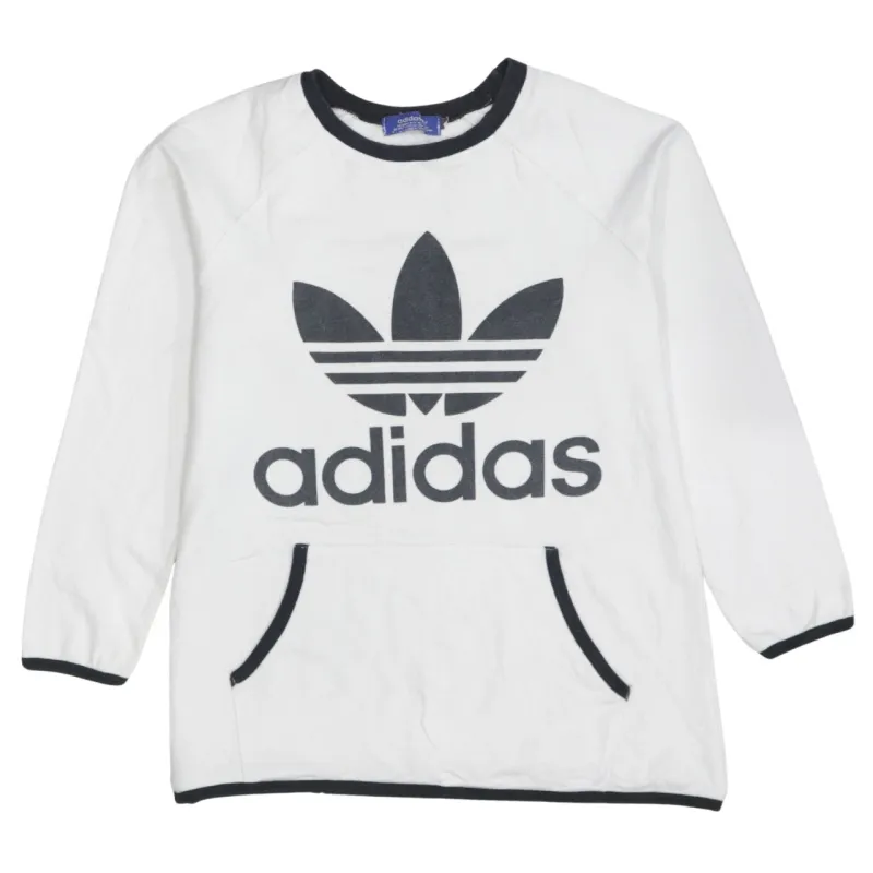 Adidas White Sweatshirt Women’s Large Trefoil Printed Logo Front Pocket Contrast Trim Pullover Top sold by Vintage Club