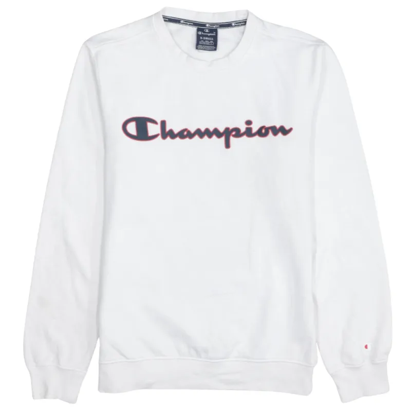 Champion White Sweatshirt Men's XSmall Printed Script Logo Ribbed Cuffs Crewneck Pullover made by Champion
