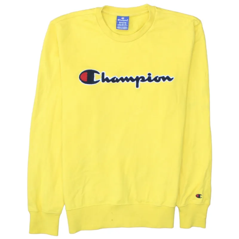 Champion Yellow Sweatshirt Men's Medium Embroidered Script Logo Crewneck Pullover Top sold by Vintage Club