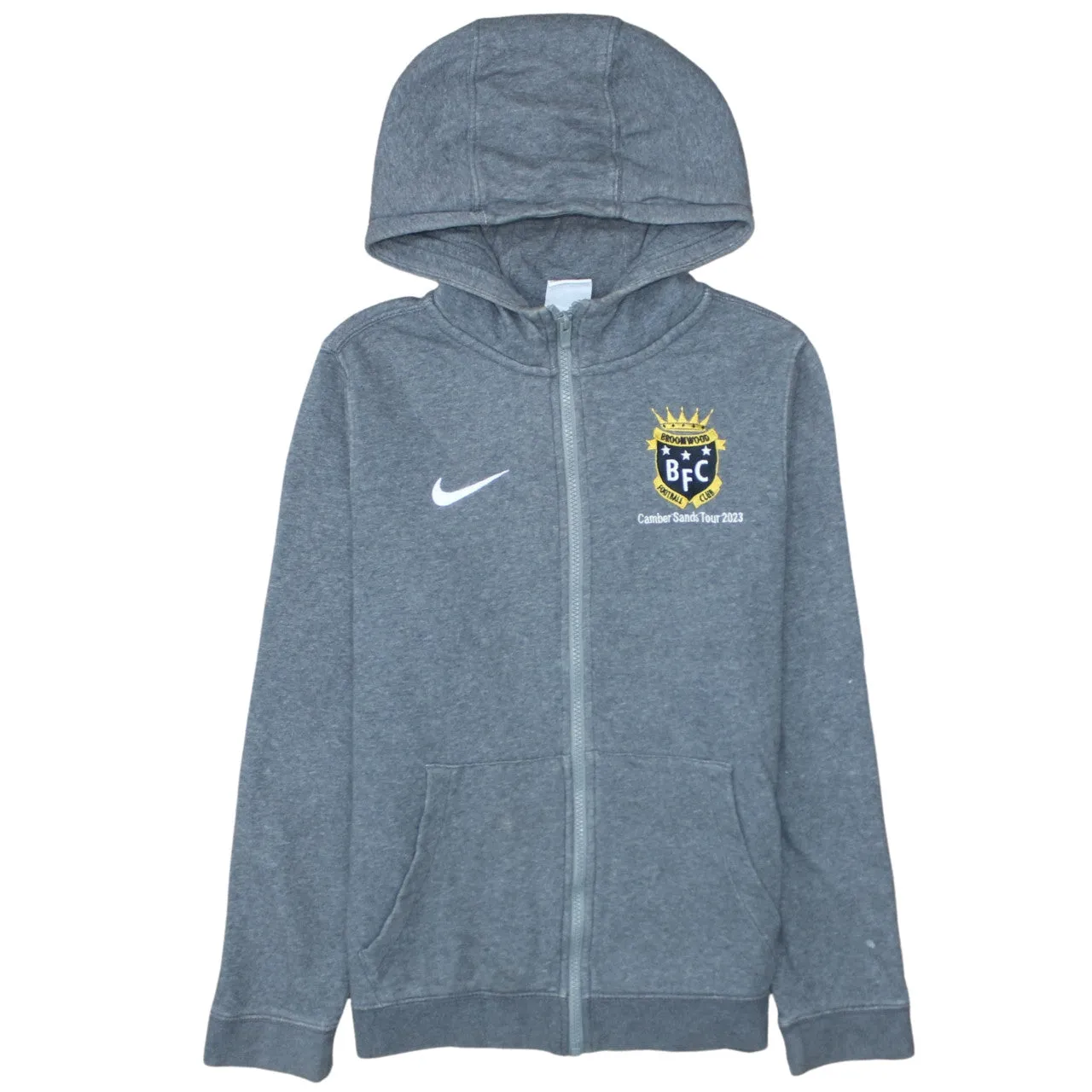 Nike Grey Zip Hoodie Women's Large Printed Crest Logo Split Pocket Fleece Top sold by Vintage Club