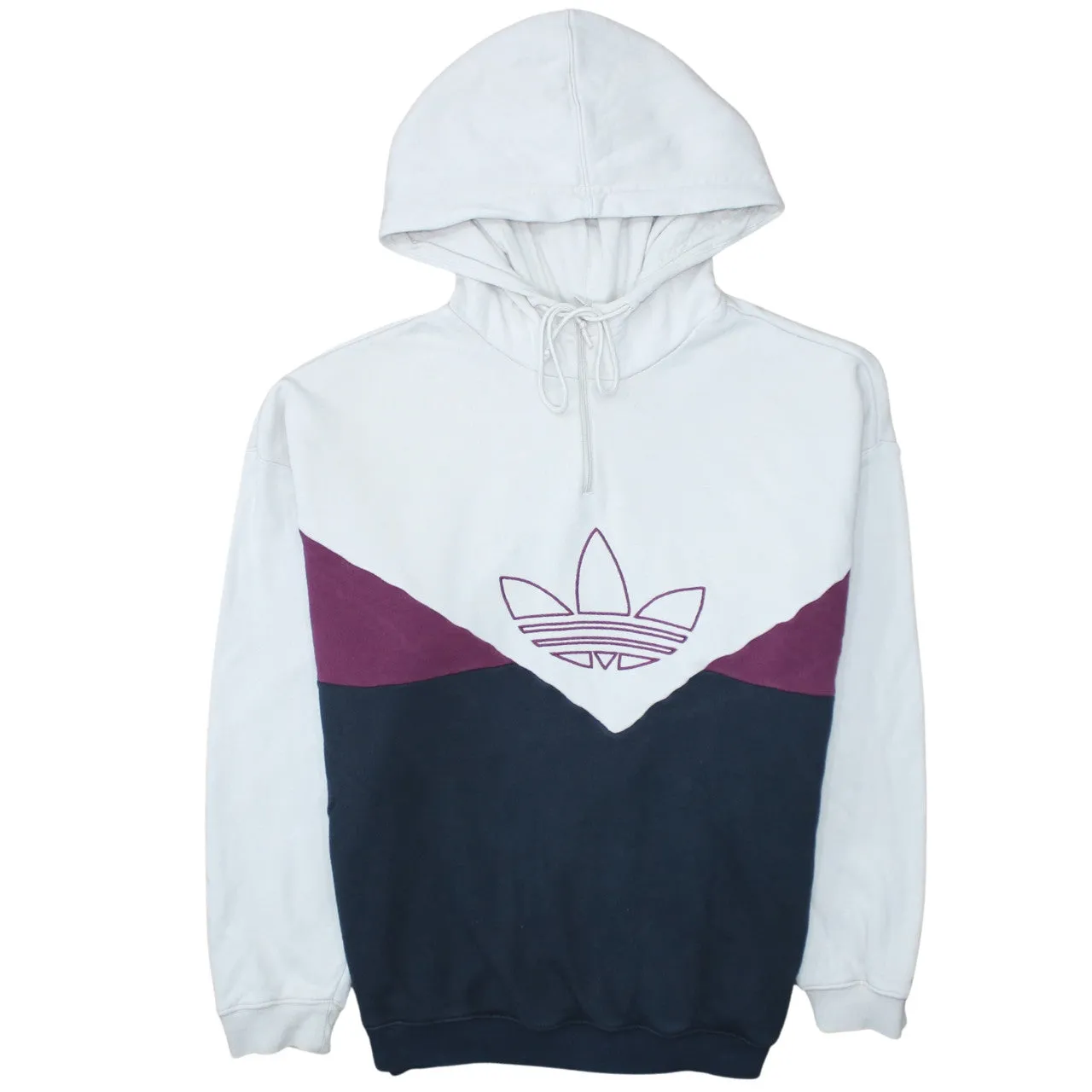 Adidas White Colourblock Hoodie Women’s XLarge Trefoil Printed Logo Pullover Sweatshirt sold by Vintage Club