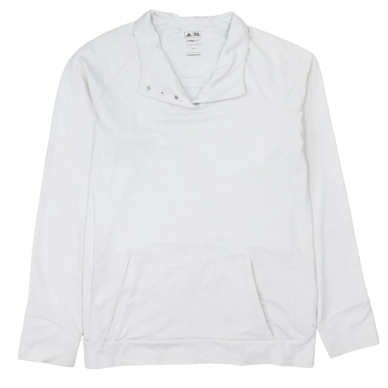 Adidas White Sweatshirt Women’s Large Funnel Neck Snap Cuffs Front Pocket Pullover Top sold by Vintage Club