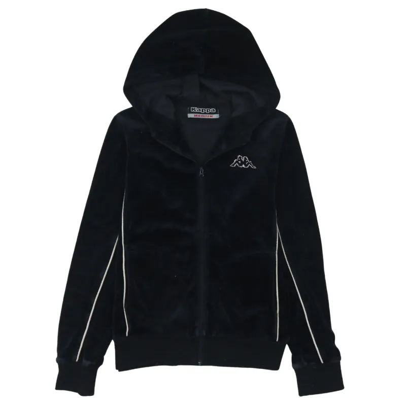Kappa Black Velour Zip Hoodie Women’s Medium Embroidered Logo Stripe Sleeves Track Top made by Kappa