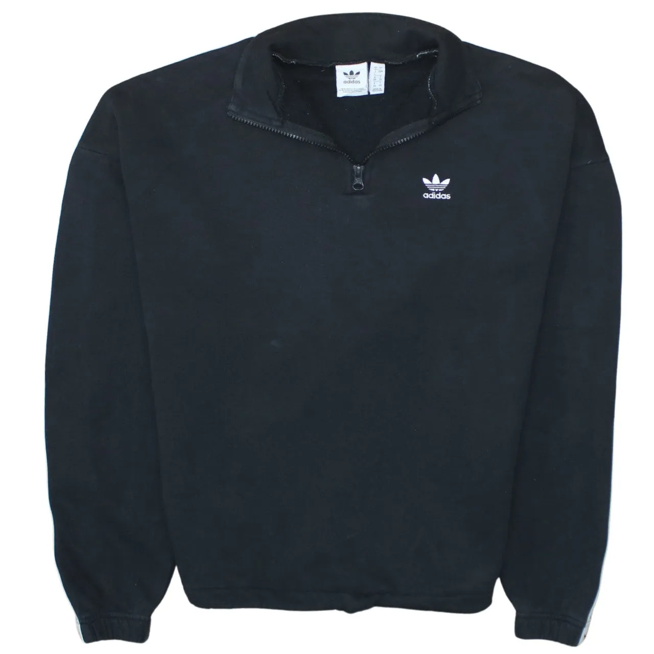 Adidas Black Quarter Zip Sweatshirt Women’s Large Trefoil Logo Branded Tape Sleeves Pullover Top sold by Vintage Club