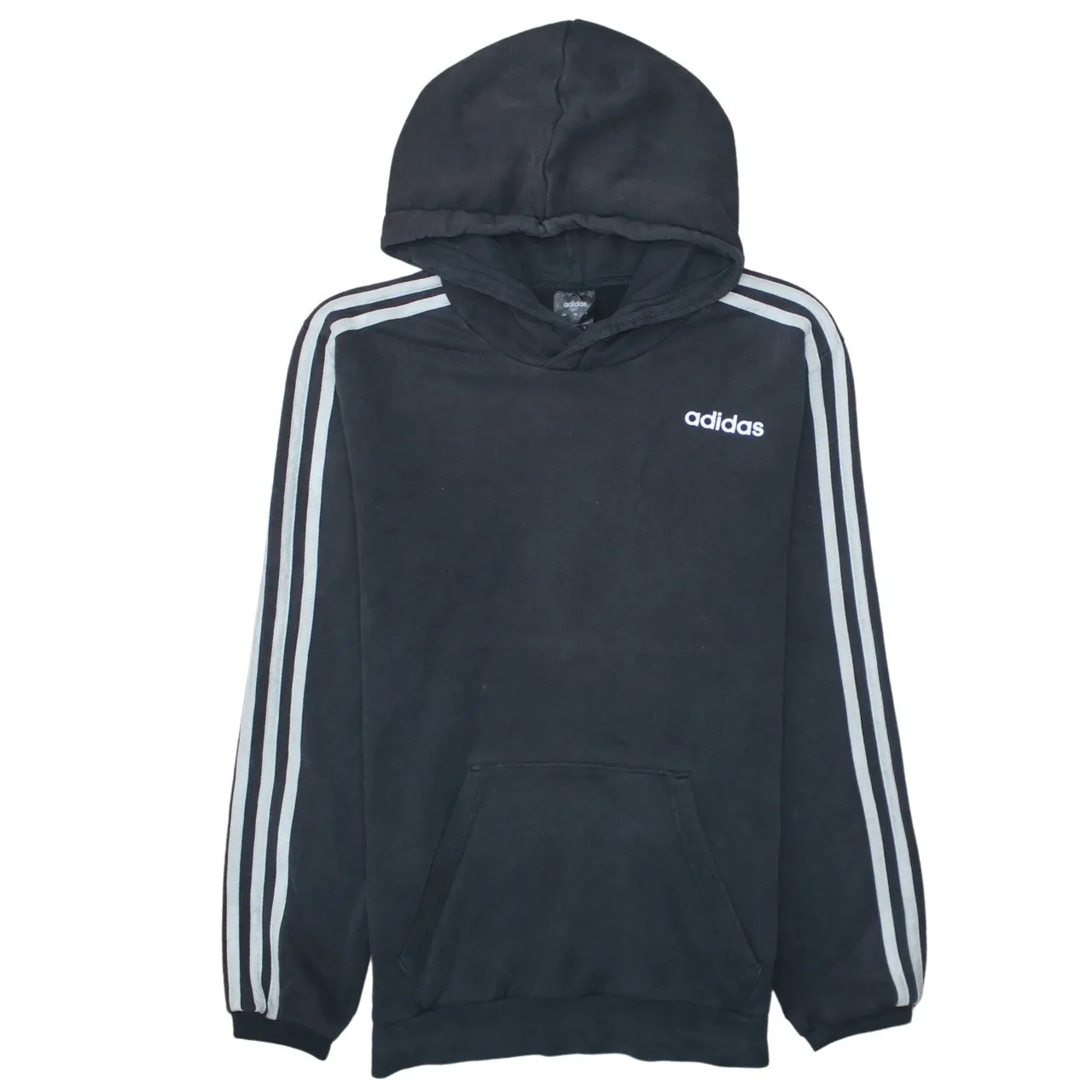 Adidas Black Hoodie Men's Small Embroidered Logo Three Stripe Sleeves Pullover Sweatshirt sold by Vintage Club