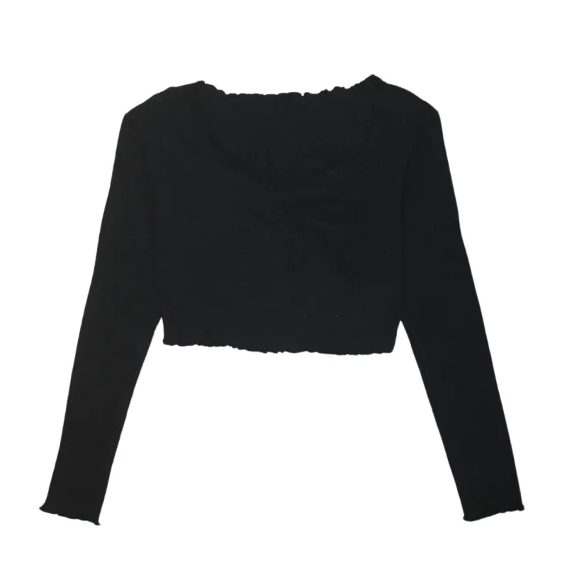 Shein Black Ribbed Long Sleeve Crop Top Women's Medium Lettuce Hem Ruched Front Tee sold by Vintage Club