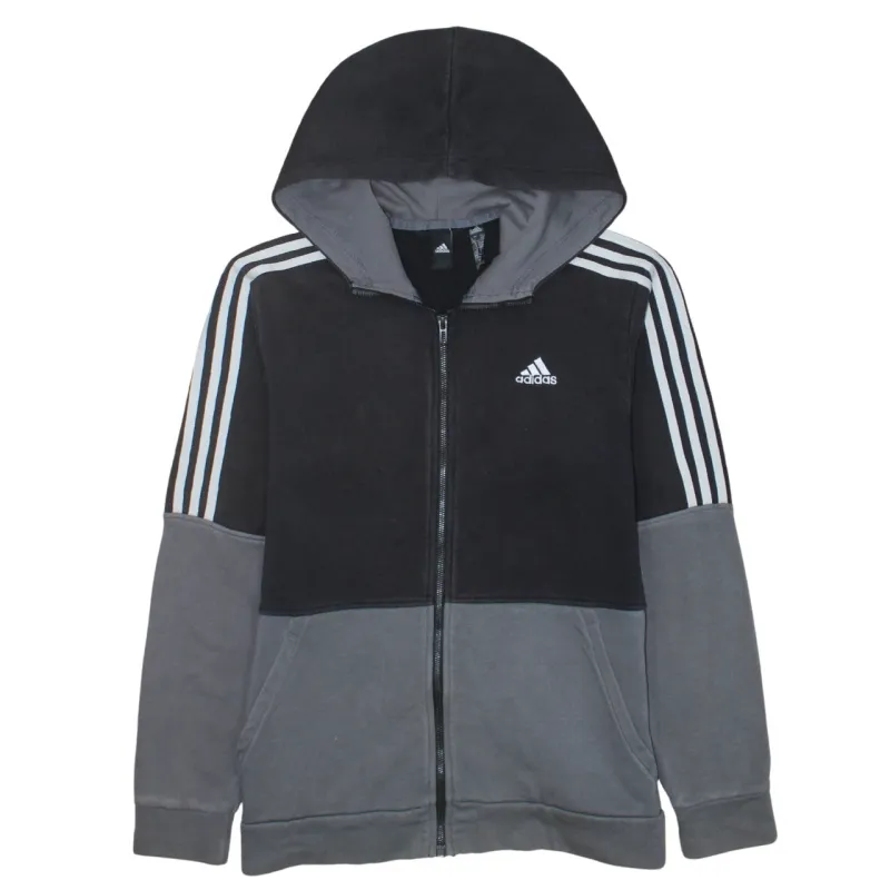 Adidas Black Grey Full Zip Hoodie Men's Small Three Stripe Sleeves Embroidered Logo Sweatshirt sold by Vintage Club