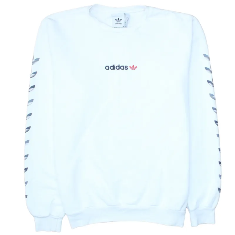 Adidas White Sweatshirt Men's Medium Trefoil Sleeve Print Embroidered Chest Logo Pullover sold by Vintage Club