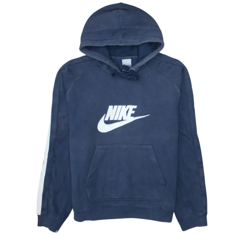 Nike Navy Blue Hoodie Men's Small Printed Logo Stripe Sleeve Pullover Sweatshirt sold by Vintage Club