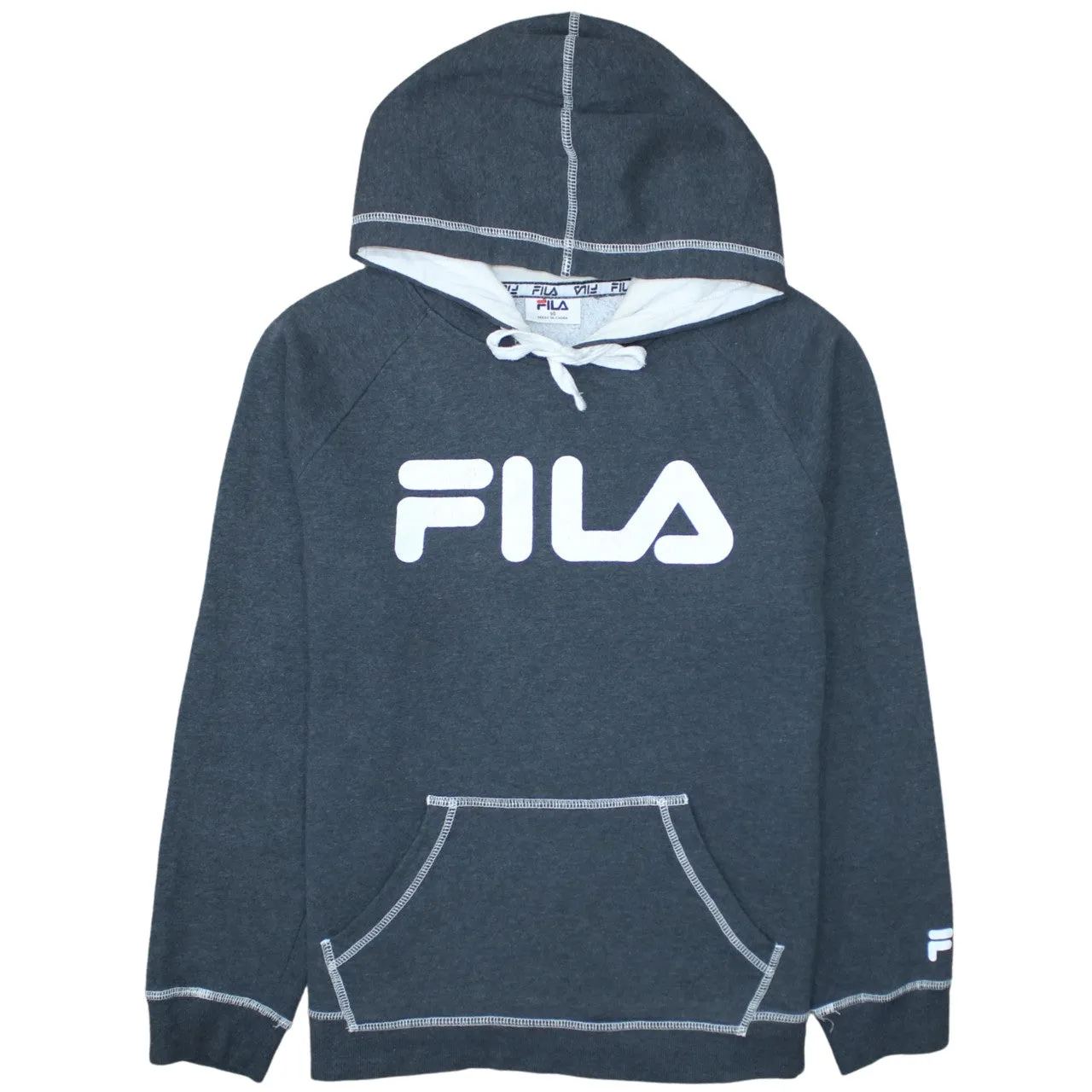 Fila Charcoal Grey Hoodie Women's Large Printed Logo Contrast Stitch Pocket Pullover Sweatshirt sold by Vintage Club
