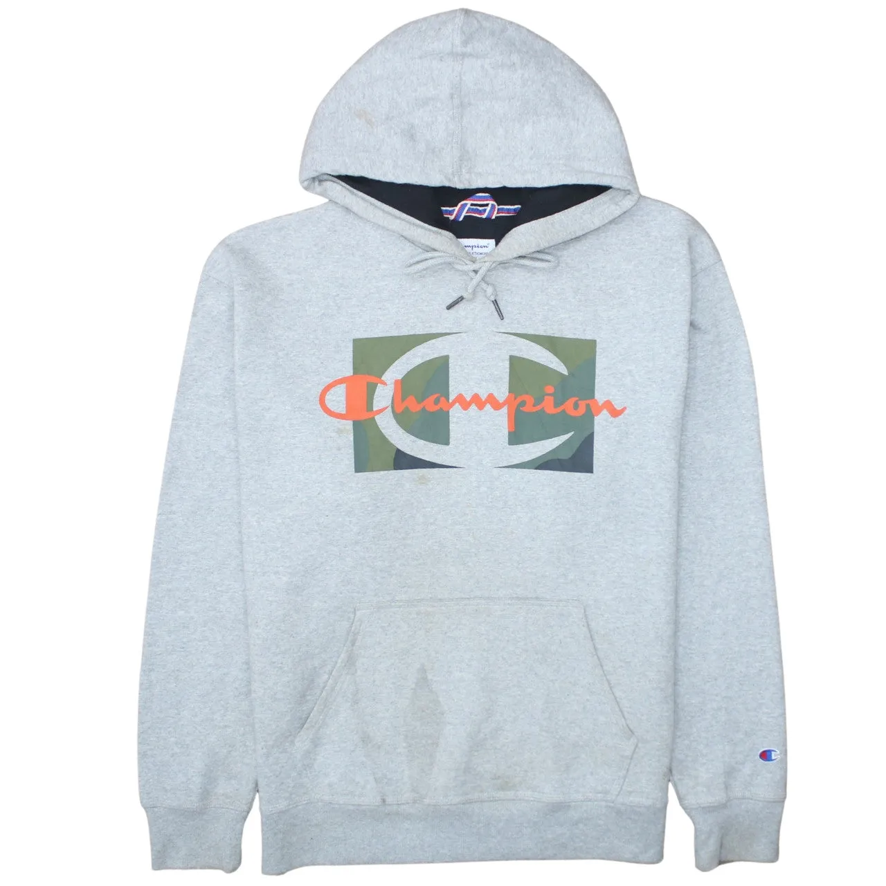 Champion Grey Hoodie Men's Large Printed Logo Front Pocket Pullover Sweatshirt sold by Vintage Club