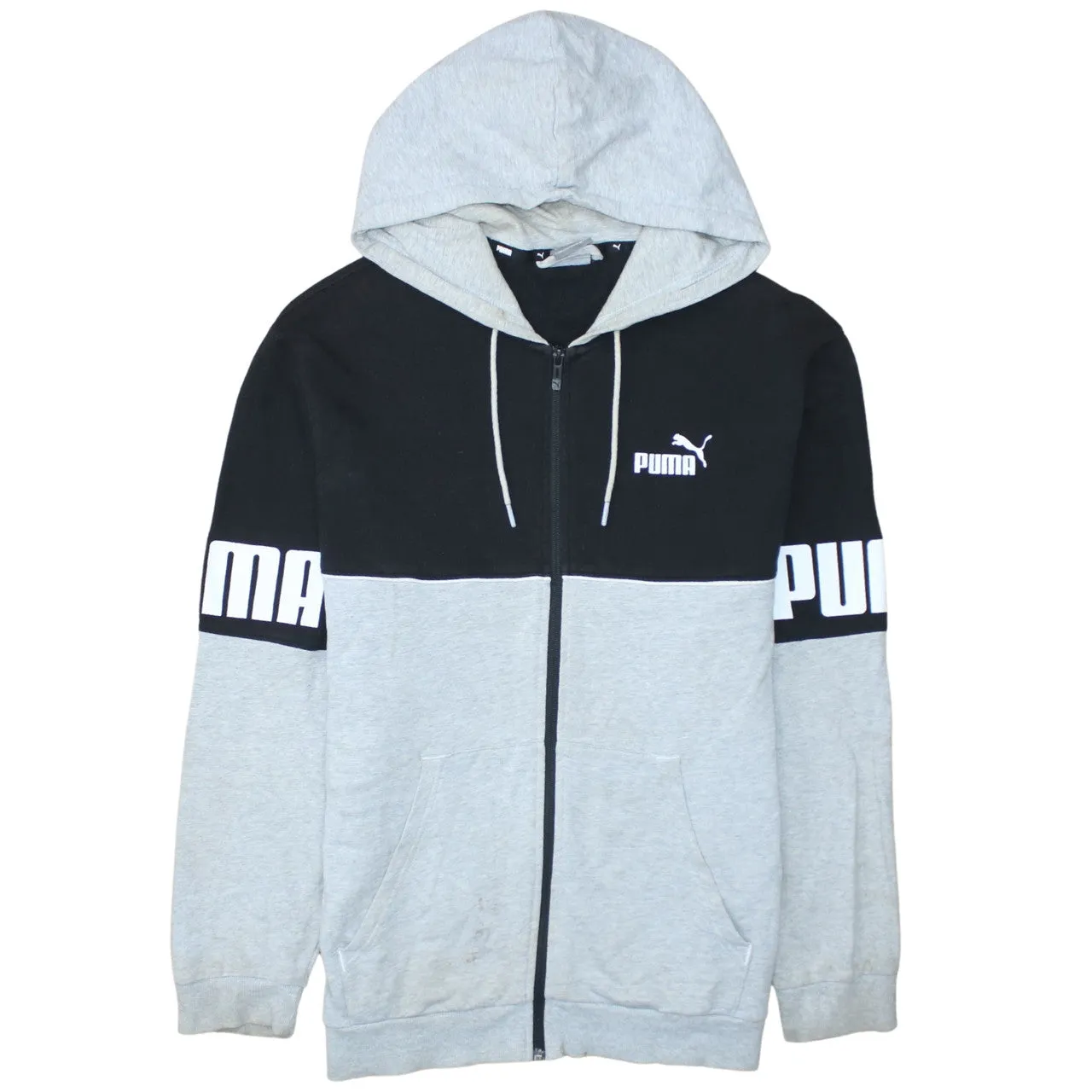 Puma Black Grey Zip Hoodie Men's Large Printed Logo Colour Block Full Zip Sweatshirt sold by Vintage Club