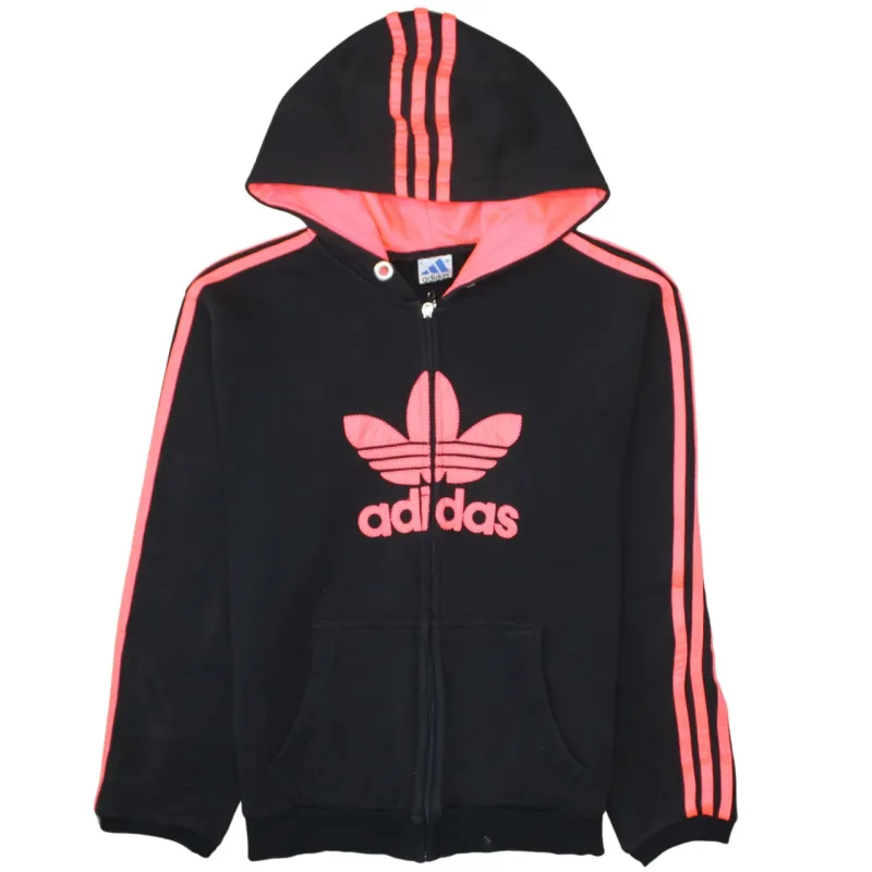 Adidas Black Full Zip Hoodie Women's Large Pink Trefoil Logo Three Stripe Sleeves Sweatshirt made by Vintage Club