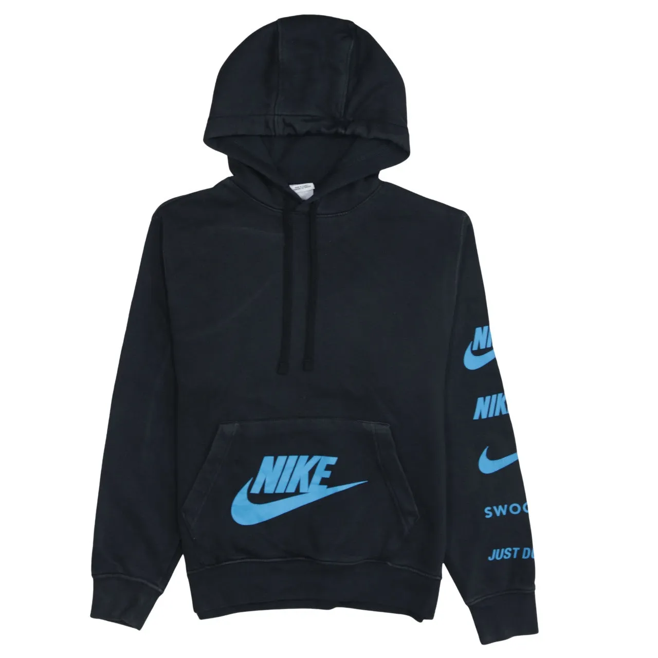 Nike Black Hoodie Men's Large Blue Printed Logo Sleeve Text Pullover Sweatshirt sold by Vintage Club
