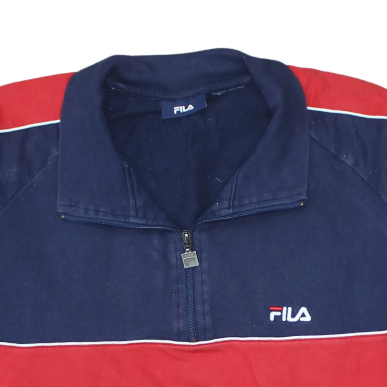 Fila Navy Blue Sweatshirt Men's Medium Half Zip Embroidered Logo Red Stripe Pullover Top sold by Vintage Club product image thumbnail 3