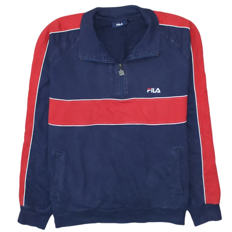 Fila Navy Blue Sweatshirt Men's Medium Half Zip Embroidered Logo Red Stripe Pullover Top sold by Vintage Club