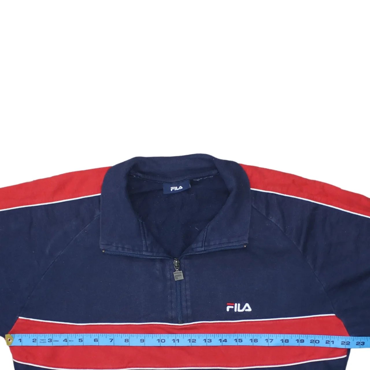 Fila Navy Blue Sweatshirt Men's Medium Half Zip Embroidered Logo Red Stripe Pullover Top sold by Vintage Club product image thumbnail 5
