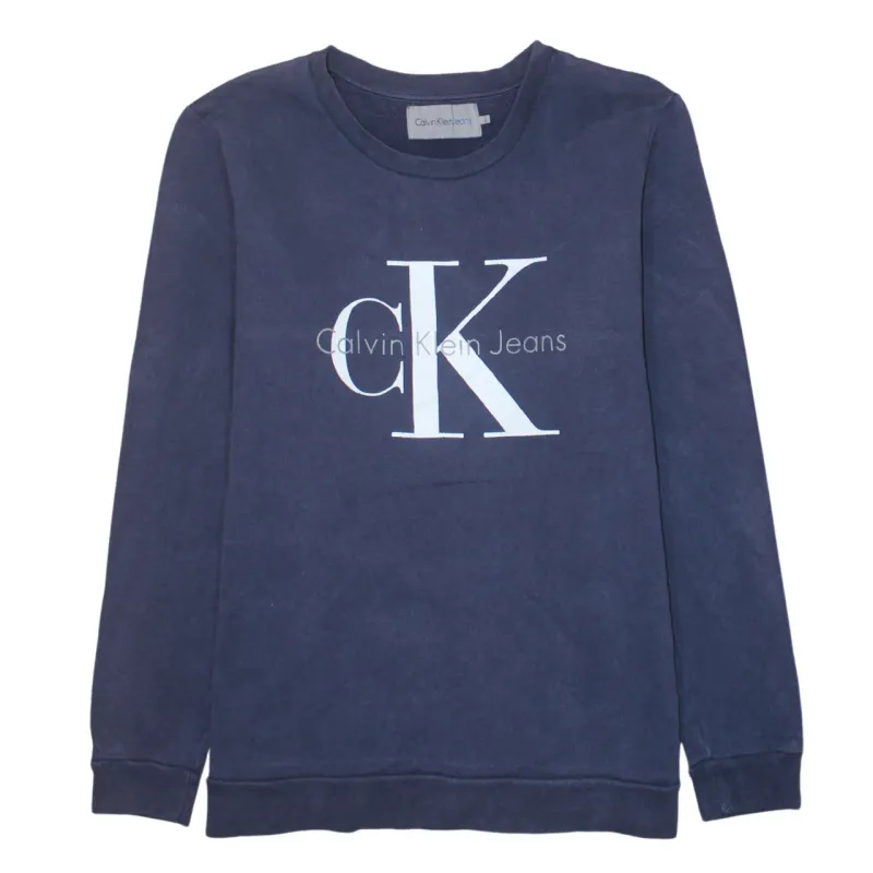 Calvin Klein Navy Blue Sweatshirt Men's Large Printed CK Logo Crewneck Pullover Top sold by Vintage Club