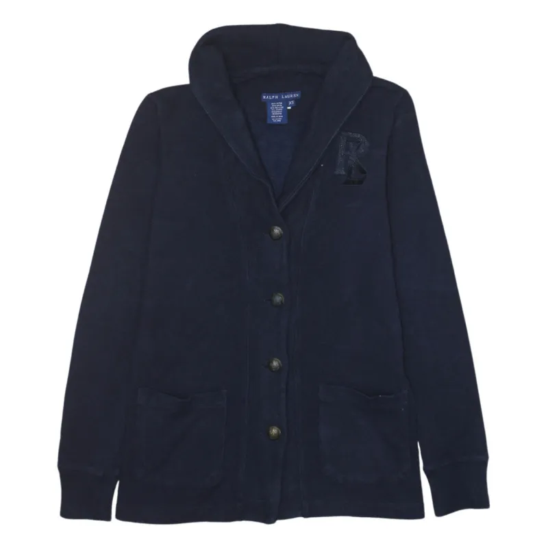 Polo Ralph Lauren Navy Cardigan Men’s XSmall Shawl Collar Elbow Patches Embroidered Logo Jumper sold by Vintage Club