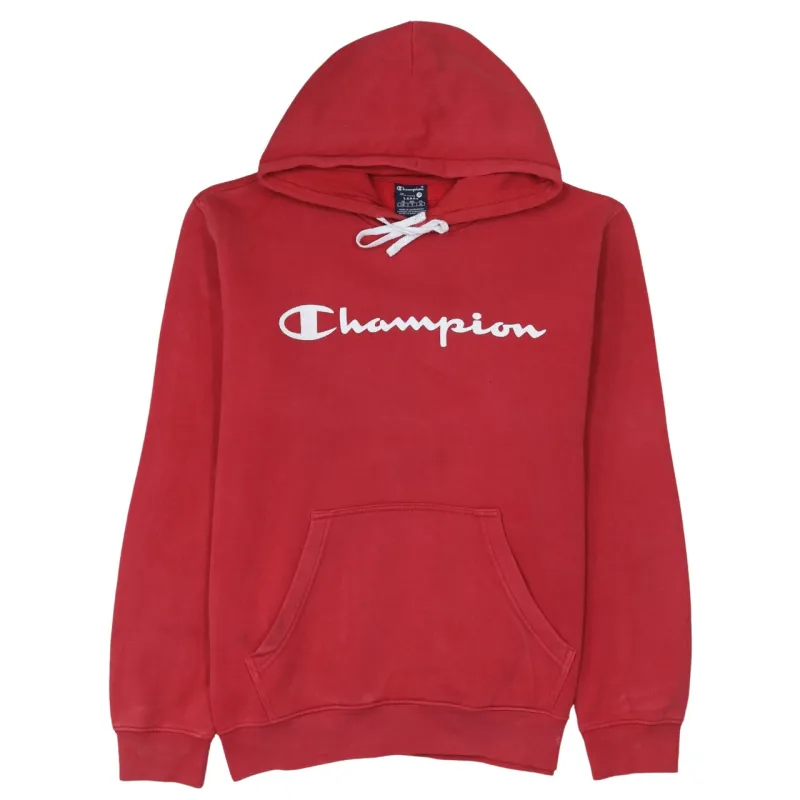 Champion Red Hoodie Men's Large Printed Script Logo Front Pocket Pullover Sweatshirt made by Champion