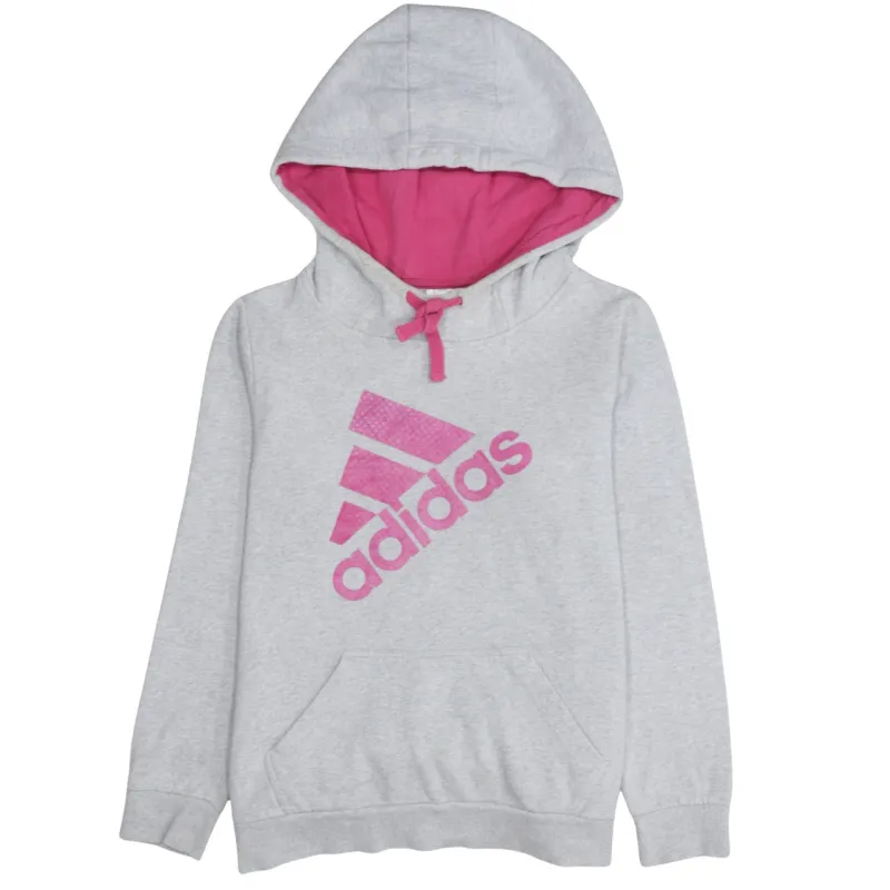 Adidas Light Grey Hoodie Women's Large Pink Logo Fleece Lined Drawstring Pullover Sweatshirt made by Adidas