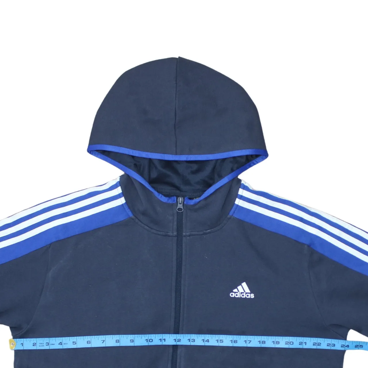 Adidas Navy Blue Full Zip Hoodie Men's Large Printed Logo Three Stripe Sleeves Sweatshirt sold by Vintage Club product image thumbnail 5