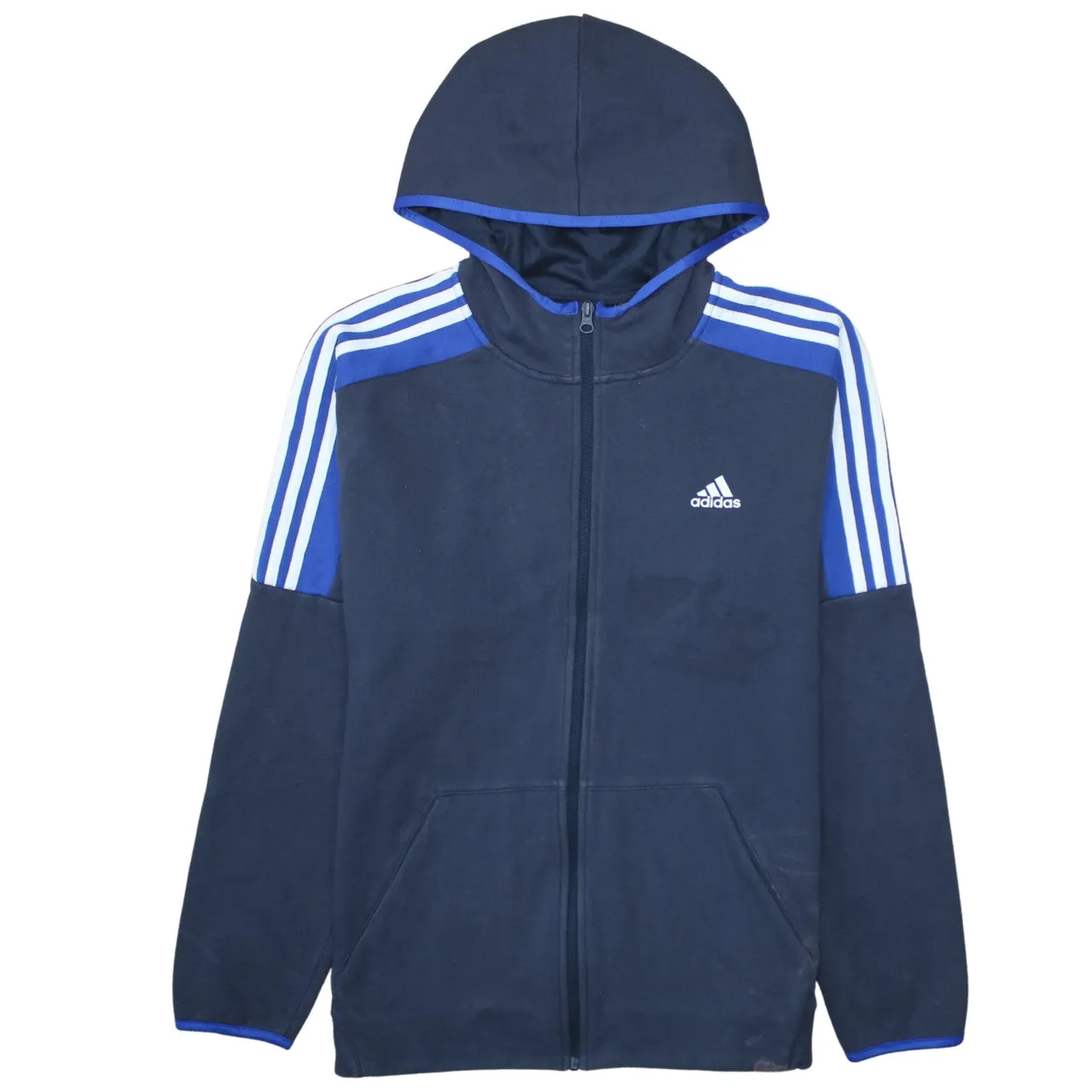 Adidas Navy Blue Full Zip Hoodie Men's Large Printed Logo Three Stripe Sleeves Sweatshirt sold by Vintage Club