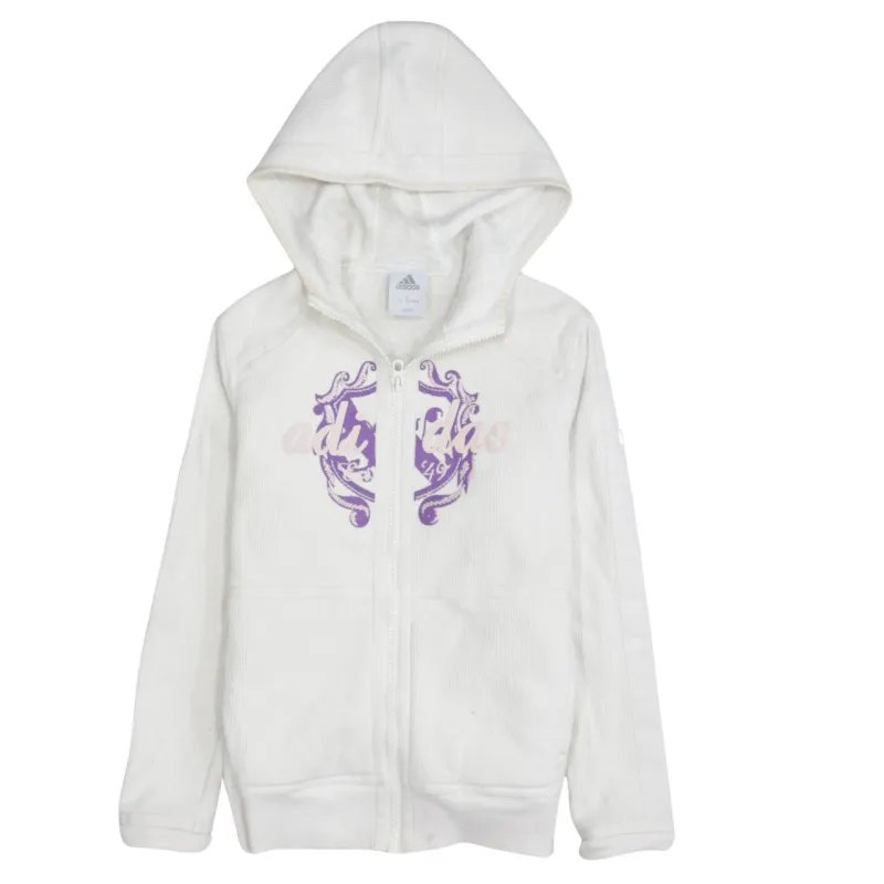 Adidas Cream Zip Hoodie Women’s Large Printed Crest Logo Fleece Lined Sweatshirt made by Adidas