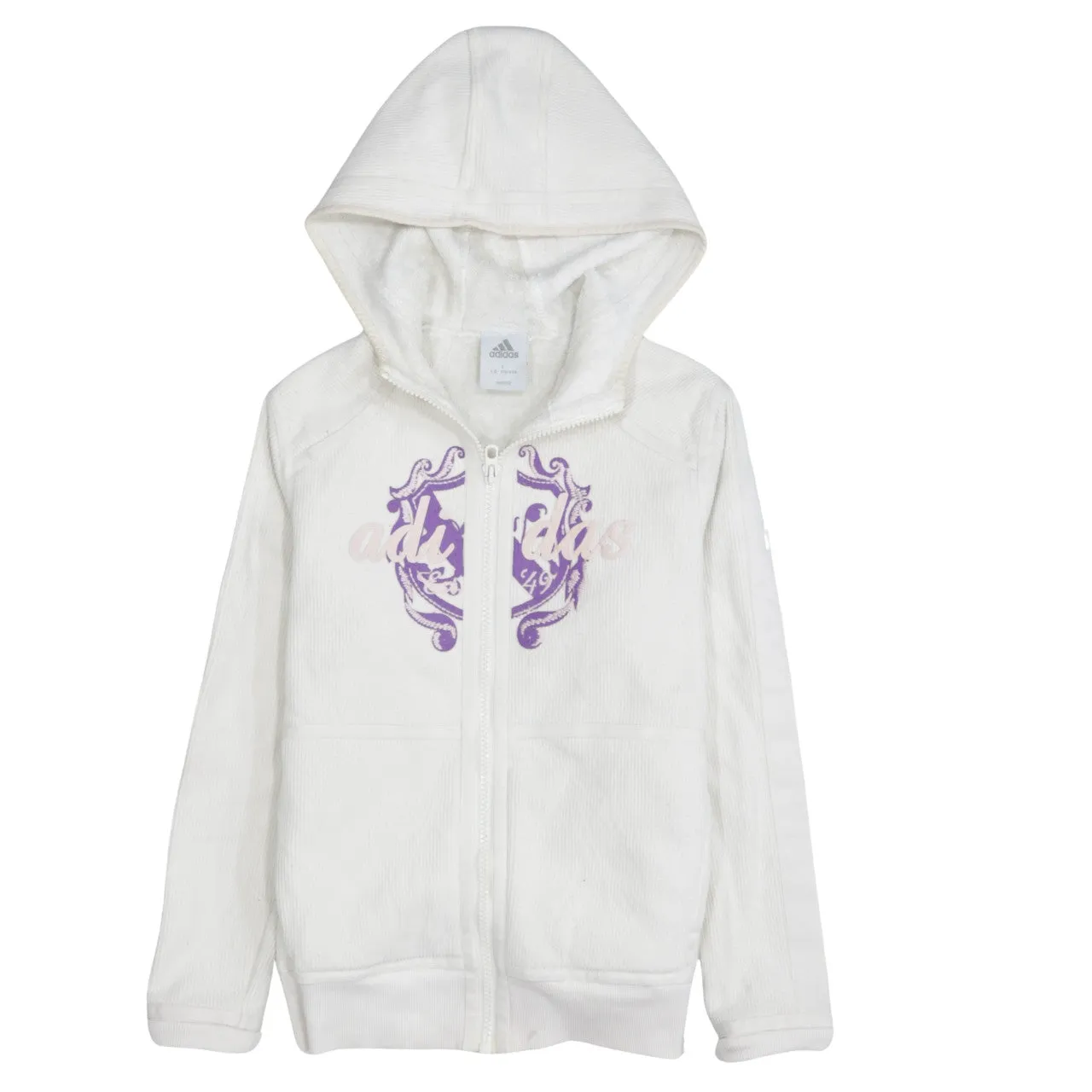 Adidas Cream Zip Hoodie Women’s Large Printed Crest Logo Fleece Lined Sweatshirt sold by Vintage Club